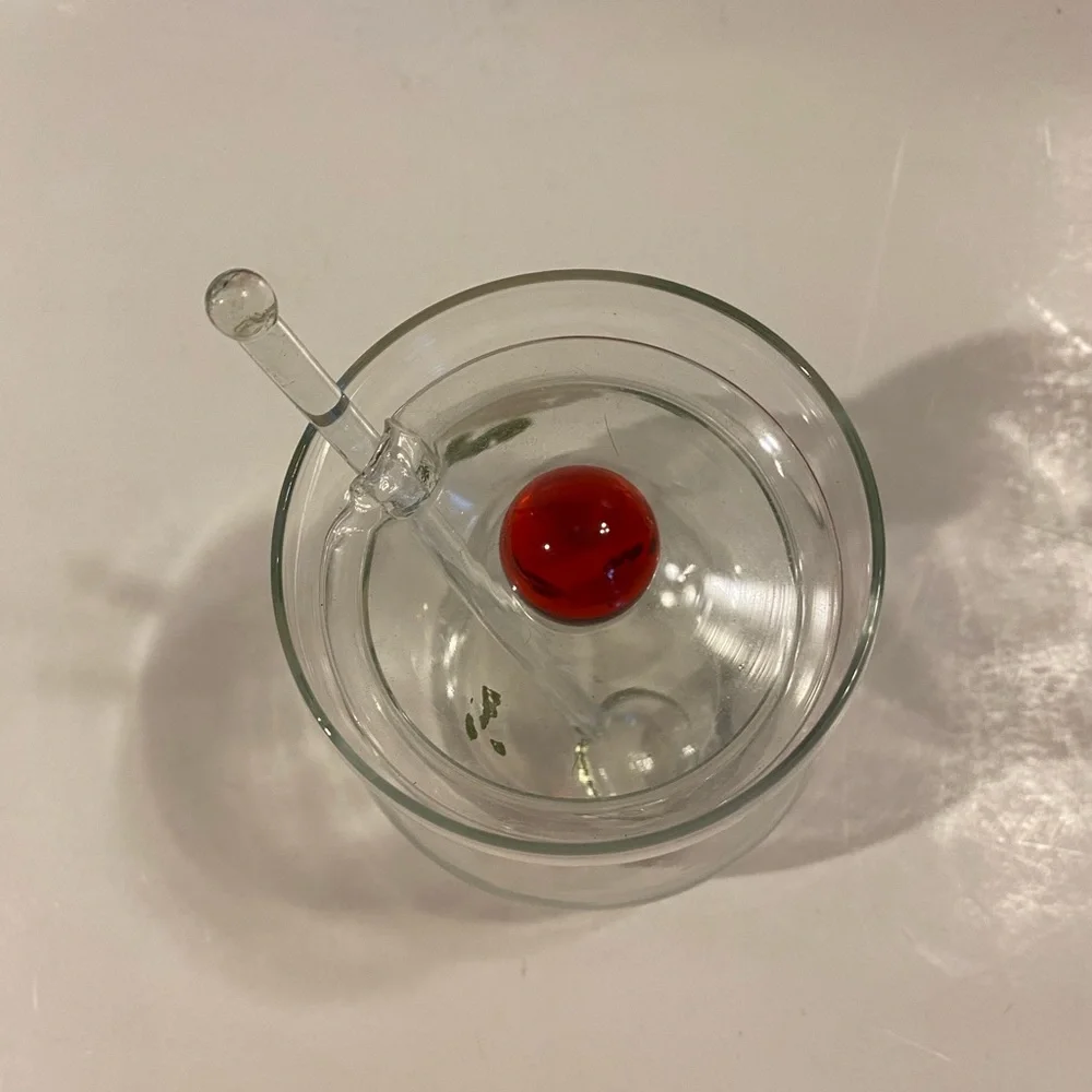 Vintage Hand-Painted Glass Honey Jar with Glass Dipper & Red Ball Finial Lid